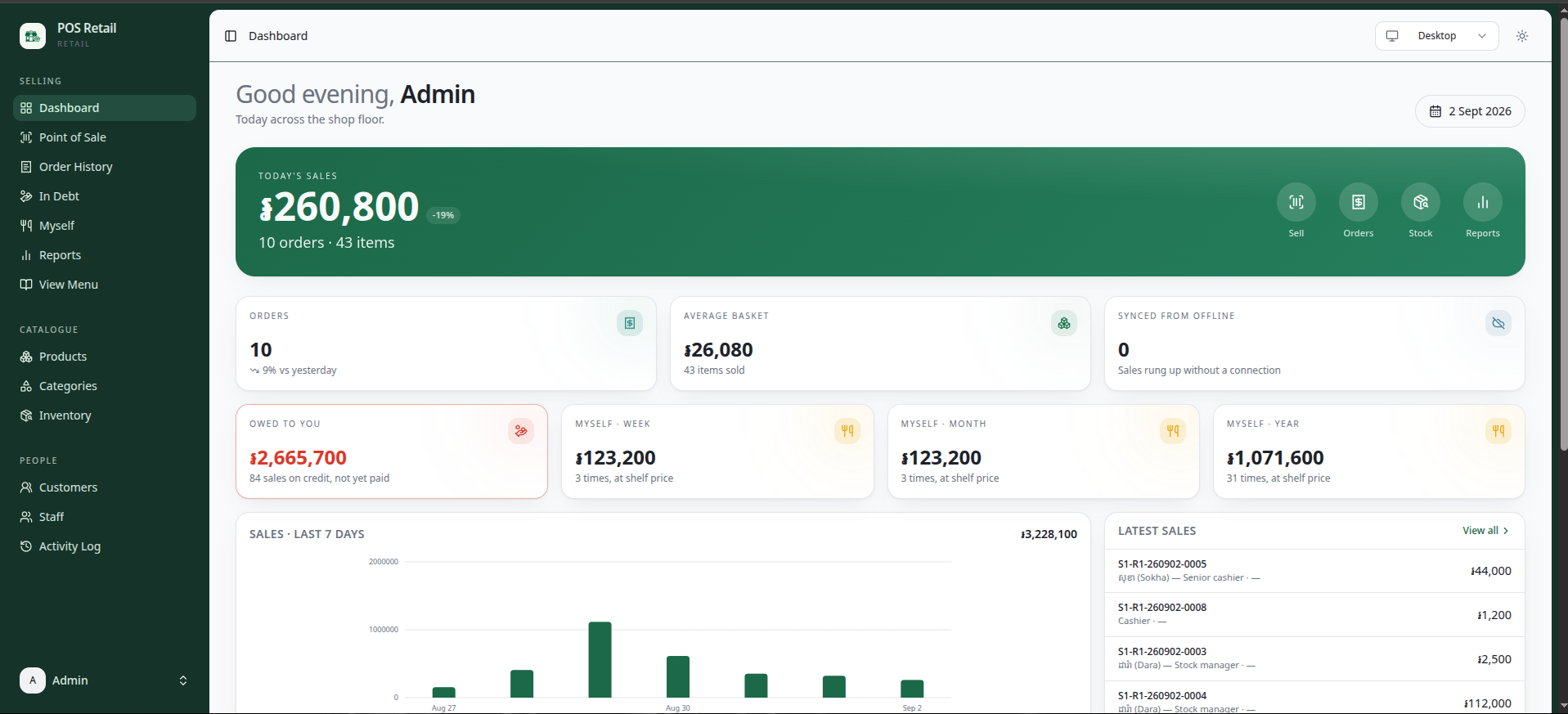 POS Retail β Dashboard β today's sales, owed to you, last 7 days
